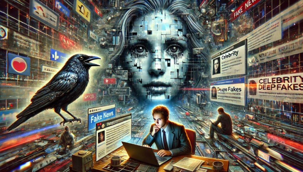 Celebrity deepfake background with a Blackbird.AI bird protecting from narrative attacks.